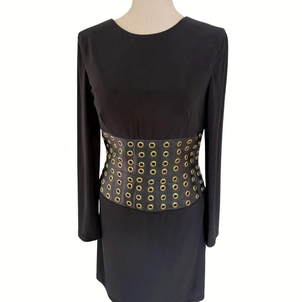 Jovani Faux Leather Long Sleeve Low Back Black Dress Size 10 Cocktail Mini Sexy - Picture 5 of 12
